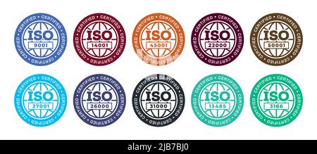 Serie di timbro dell'Organizzazione internazionale per la standardizzazione: 3166, 13485, 31000, 26000, 27001, 22000, 45001, 50001, 9001, 14001. Illustrazione Vettoriale