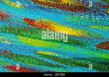 Sfondo creativo di pennellate colorate su un primo piano di tela. Astratto sfondo artistico da pennellate di pennellate di macro verde rosso blu giallo. Disegno di pittura sfondo texture pittura Foto Stock