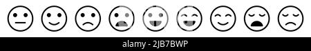 Set di emoticon, collezione di emoticon di base. Design a icone piatte. Illustrazione Vettoriale