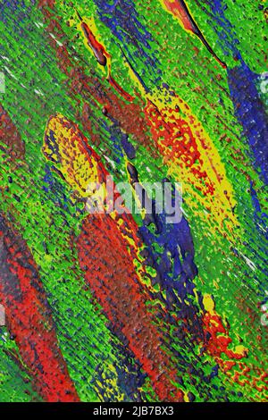 Sfondo creativo di pennellate colorate su un primo piano di tela. Astratto sfondo artistico da pennellate di pennellate di macro verde rosso blu giallo. Disegno di pittura sfondo texture pittura Foto Stock
