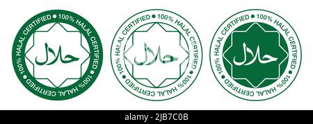 Collezione di logo certificato halal isolato su sfondo bianco. Icona Halal. Cartello Halal. Set di icone di etichette halal. Illustrazione Vettoriale