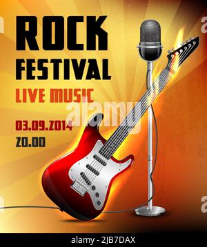 Rock festival musica dal vivo poster concerto con chitarra elettrica e microfono illustrazione vettoriale. Illustrazione Vettoriale