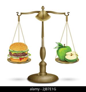 Hamburger e mela su scale dieta sano cibo concetto isolato su sfondo bianco vettore illustrazione Illustrazione Vettoriale