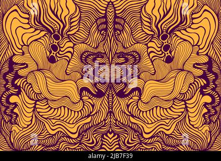 Onde shamanic frattale mandala texture. Stile ethno. Colori prugna ornamento isolato su sfondo arancione. Motivo floreale decorativo con elemento tribale. Illustrazione Vettoriale