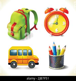 Realistico scuola forniture formazione icone set di zaino bus matita sveglia isolato vettore illustrazione Illustrazione Vettoriale