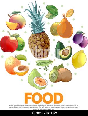 Cartone animato frutta e verdura concetto con ananas avocado pera susina limone kiwi piselli pomelo albicocca broccoli pesca mela isolato vettore illustratio Illustrazione Vettoriale