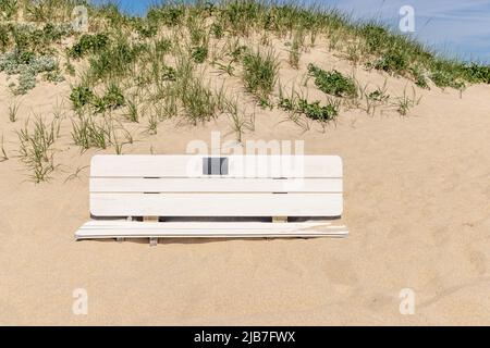 Panca di parco sepolto in sabbia ad una spiaggia di Amagansett Foto Stock