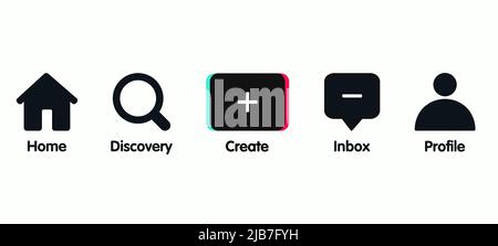 Icona del pulsante Menu dei social media. Home, scopri, crea, inbox e profilo. Vettore Illustrazione Vettoriale
