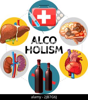Alcolismo Cartoon cattivo effetti concetto con fegato malato cervello reni cuore medico scatola pillole siringa bottiglie vino isolato illustrazione vettoriale Illustrazione Vettoriale