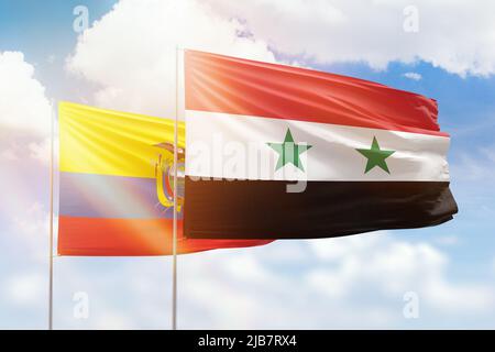 Cielo azzurro soleggiato e bandiere di siria e ecuador Foto Stock