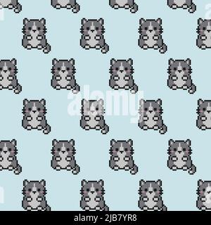 Carino pixel grigio modello gatto su sfondo azzurro. 8 bit personaggio di animali cartoni animati. Texture per tessuto, avvolgimento, tessuto, carta da parati. Decorativo Illustrazione Vettoriale