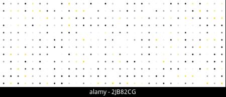 Trendy Panoramic Abstract Polka Dot senza cuciture Pattern. Cerchi molto gialli, grigi e neri su sfondo bianco. Sfondo punteggiato a mezzitoni. Vettore Illustrazione Vettoriale