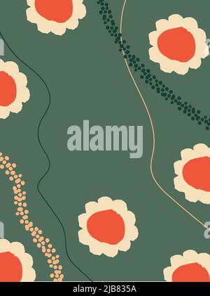 Cornice vintage con elementi floreali su sfondo verde. Dima con fiori disegnati a mano. Perfetto per biglietti d'auguri, sfondo, biglietto, banner, poster Illustrazione Vettoriale