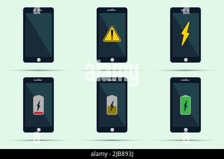 Imposta telefono cellulare.smartphone con punto esclamativo di notifica,cambia icona della batteria sullo schermo Illustrazione Vettoriale