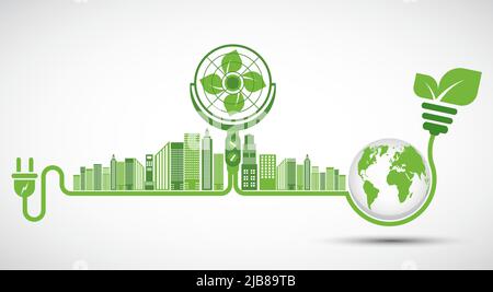 Ecologia e Fan Concept, simbolo della Terra con foglie verdi intorno alle città aiutare il mondo con idee ecocompatibili Illustrazione Vettoriale