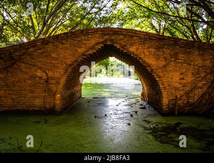 Ponte PA Diso tra Wat Boromphuttharam e Wat Singharam ad Ayutthaya, Thailandia Foto Stock