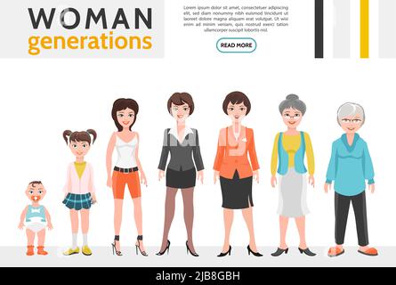 Flat People generation set con le donne ciclo di vita dall'infanzia alla vecchiaia isolato illustrazione vettoriale Illustrazione Vettoriale