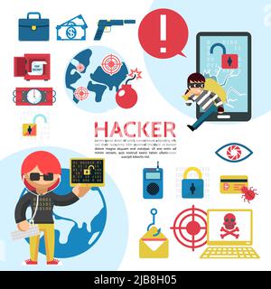 Modello hacking piatto con hacker cassaforte cartella dinamite blocco occhio scansione telecomando laptop bomba denaro vettore illustrazione Illustrazione Vettoriale