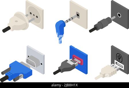 Icone per spine, vettore isometrico 3D. Alimentazione ed elettrica, presa usb, cavo di collegamento, cavo di collegamento, connettore vga. Illustrazione vettoriale Illustrazione Vettoriale