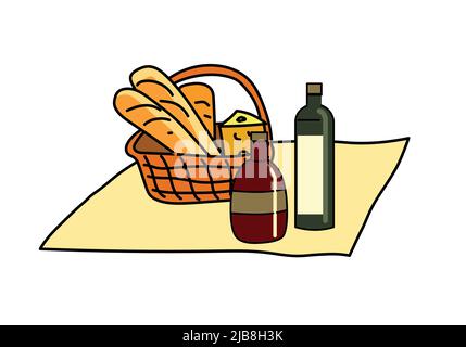 Picnic all'aperto con bottiglie di vino Illustrazione Vettoriale