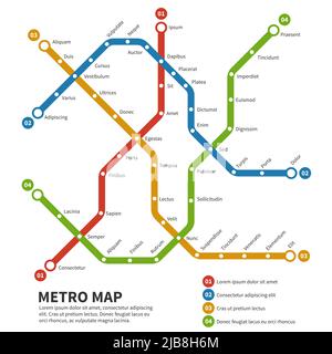 Metropolitana, metro vettore mappa. Modello di sistema di trasporto cittadino. Schema della metropolitana, metropolitana strada, trasporto ferrovia metropolitana illustrati Illustrazione Vettoriale