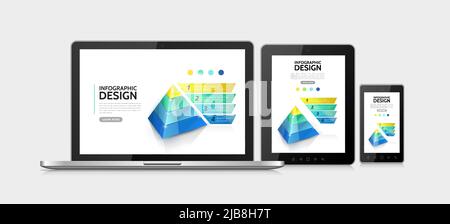 Concetto di elementi infografici moderni realistici con marketing 3D Pyramid con quattro opzioni adattabili per notebook e schermi tablet isolati vecto Illustrazione Vettoriale