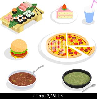 Icone isometriche del cibo. Hamburger e sushi, torta e pizza. Ristorante e carne, pranzo e menu, illustrazione vettoriale Illustrazione Vettoriale