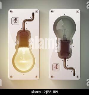 Due lampadine isolate realistiche con luce accesa e spenta illustrazione vettoriale della luce Illustrazione Vettoriale