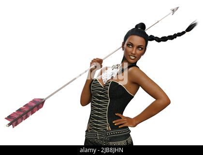 Donna guerriera con capelli intrecciati indossano un abito in oro nero con armatura, lancia di presa, 3D Illustrazione. Foto Stock