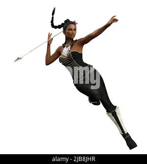 Donna guerriera con capelli intrecciati indossano un abito in oro nero con armatura, lancia di presa, 3D Illustrazione. Foto Stock