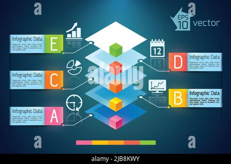 Modello di infografica aziendale con 3D quadrati verticali colorati cinque banner di testo e icone illustrazione vettoriale Illustrazione Vettoriale