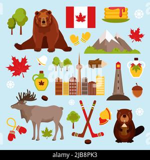 Canada icone decorative colorate set con hockey acero sciroppo beaver isolato vettore illustrazione Illustrazione Vettoriale