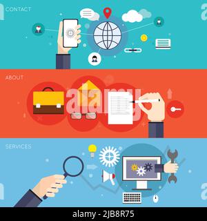 Mani umane che tengono diversi dispositivi scrivere e riparare il set di banner piatto isolato illustrazione vettoriale Illustrazione Vettoriale