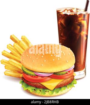 Hamburger patatine fritte e cola icona realistica fast food isolato su sfondo bianco illustrazione vettoriale Illustrazione Vettoriale