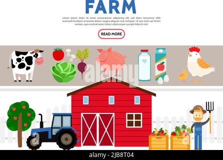 Flat farming icone collezione con coltivatore trattore fienile recinzione vacca maiale pollo latte succo uova casse di frutta e verdure isolato vettore illustrato Illustrazione Vettoriale