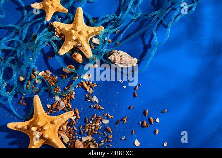 Fondo piatto con stelle marine, conchiglie sull'acqua blu con luce solare, concetto di vacanza estiva, vista dall'alto Foto Stock