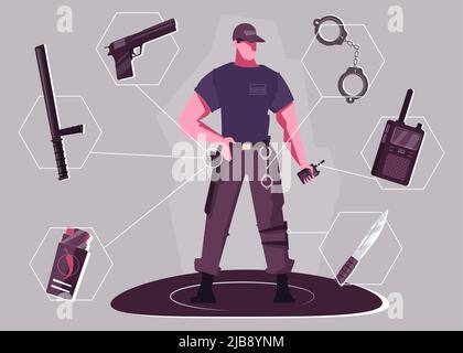 Sicurezza uomo design piatto con uomo brutale in posizione di allerta in piedi, con radio portatile e manette illustrazione vettoriale Illustrazione Vettoriale