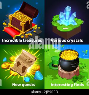 Tesori cacciatori scoperte 4 coloratissime immagini di gioco di cartoni animati isometrici con pirati petto antico scroll monete cristalli illustrazione vettoriale Illustrazione Vettoriale