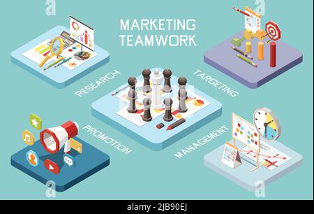 Strategia di marketing concetto composizione isometrica con set di piattaforme immagini pittogramma icone infografiche scacchi e testo illustrazione vettoriale Illustrazione Vettoriale