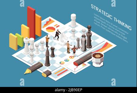 Concetto di leadership background isometrico con figure di gioco desktop scacchi e segni infografici per il miglioramento della crescita aziendale illustrazione vettoriale Illustrazione Vettoriale