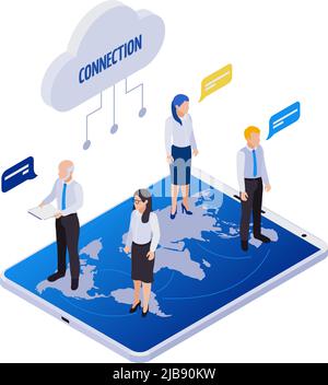 Gestione remota lavoro a distanza icone isometriche composizione con icone cloud persone con bolle di pensiero e mappa del mondo illustrazione vettoriale Illustrazione Vettoriale