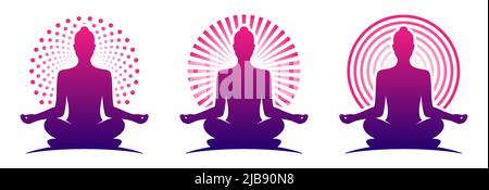 Donna yoga viola logo modelli vettoriali. Meditando la femmina in una posa di lotus zen con un alone rotondo. Illustrazione Vettoriale