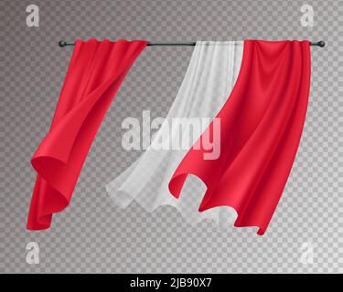 Tende billowing composizione realistica con rosso solido e bianco pizzo tende appesi isolato su sfondo trasparente illustrazione vettoriale Illustrazione Vettoriale