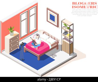 Donna blogger seduta a letto e chitarra in riproduzione di fronte alla fotocamera isometrica composizione 3D illustrazione vettoriale Illustrazione Vettoriale