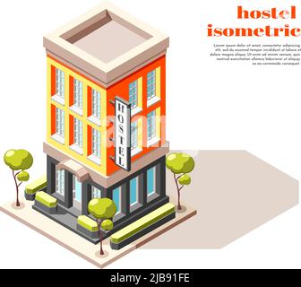 Hostel composizione isometrica di moderno edificio a più piani con cartelli alberi e città infrastruttura illustrazione vettoriale Illustrazione Vettoriale