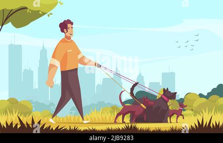 Composizione del sitter del cane con paesaggio esterno ed il carattere maschio del doodle che cammina tre cani con illustrazione vettoriale di sfondo del cityscape Illustrazione Vettoriale