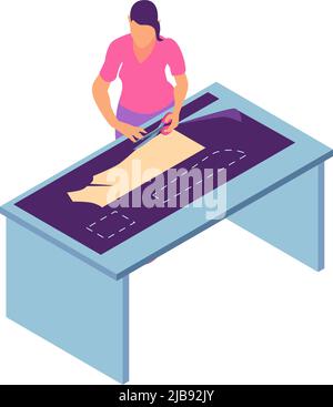 Composizione isometrica studio laboratorio di cucitura con carattere femminile di disegno abito da taglio su misura con illustrazione vettoriale a forbice Illustrazione Vettoriale