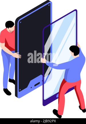 Icona isometrica con persone del servizio di riparazione che cambiano immagine vettoriale dello schermo dello smartphone Illustrazione Vettoriale