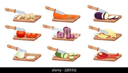 Set di verdure a fette e coltelli con pepe di pomodoro e cipolla piatta isolato illustrazione vettoriale Illustrazione Vettoriale