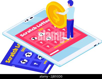 Icona isometrica della lotteria online con graffio carte gadget e personaggio che tiene moneta d'oro 3D illustrazione vettoriale Illustrazione Vettoriale